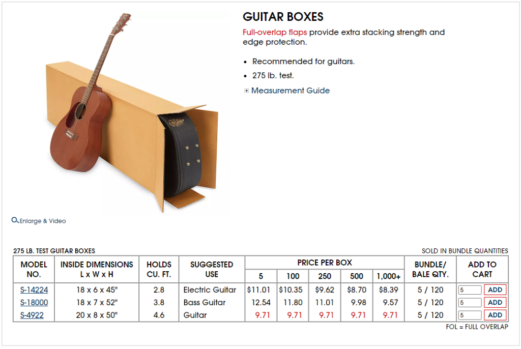 Guitar shipping box sales chart from https://www.uline.com/BL_7906/Guitar-Boxes 