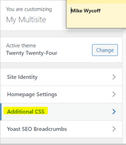 Select the “Additional CSS” on the sidebar.